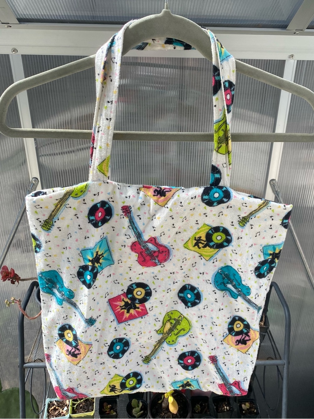 Handmade White Jazz Vinyl Record Pattern Lined Travel Tote Bag